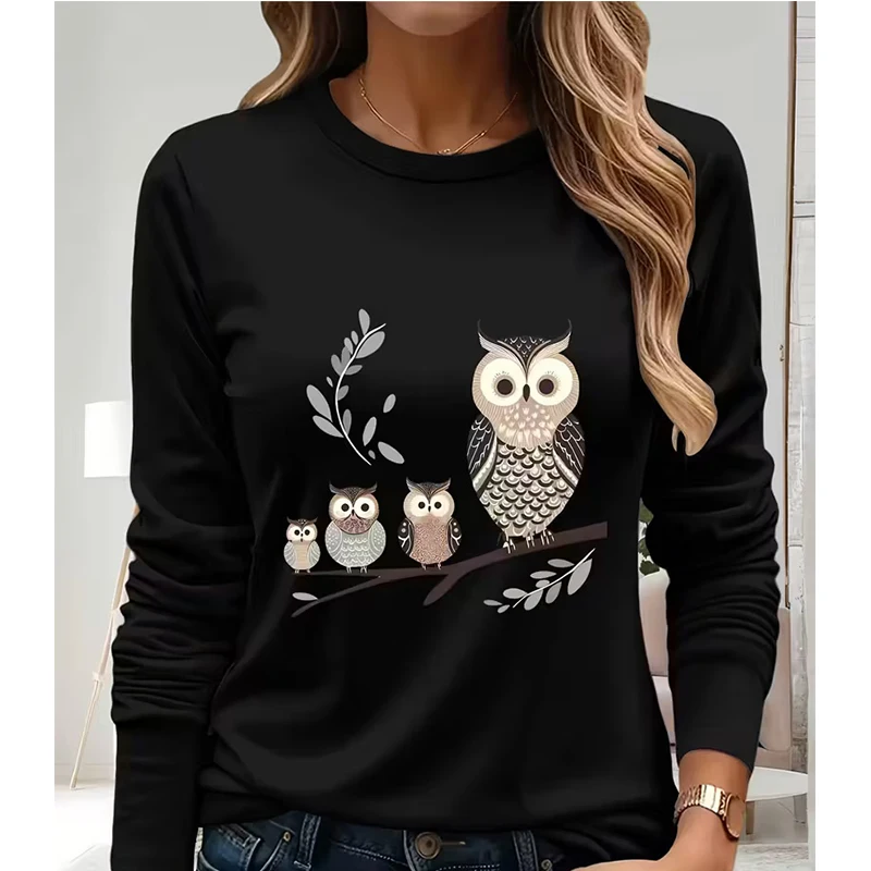 Tee Graphic Print - Lässiges Langarm-T-Shirt mit Eulen-Familien-Motiv, Damen-T-Shirt mit