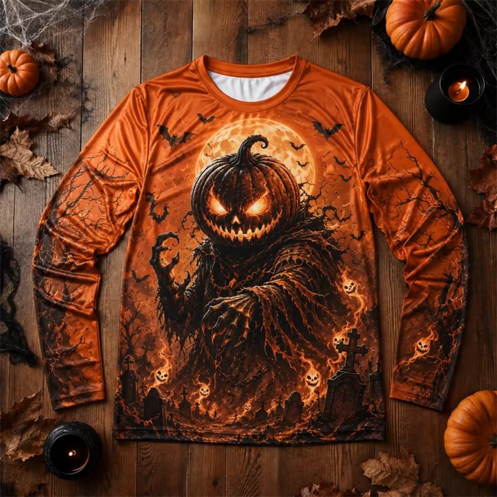 Tee Graphic Print - Halloween 3D-Druck Gruseliger Kürbis-Monster-Fledermaus-Langarm-T-Shirt für Herren,