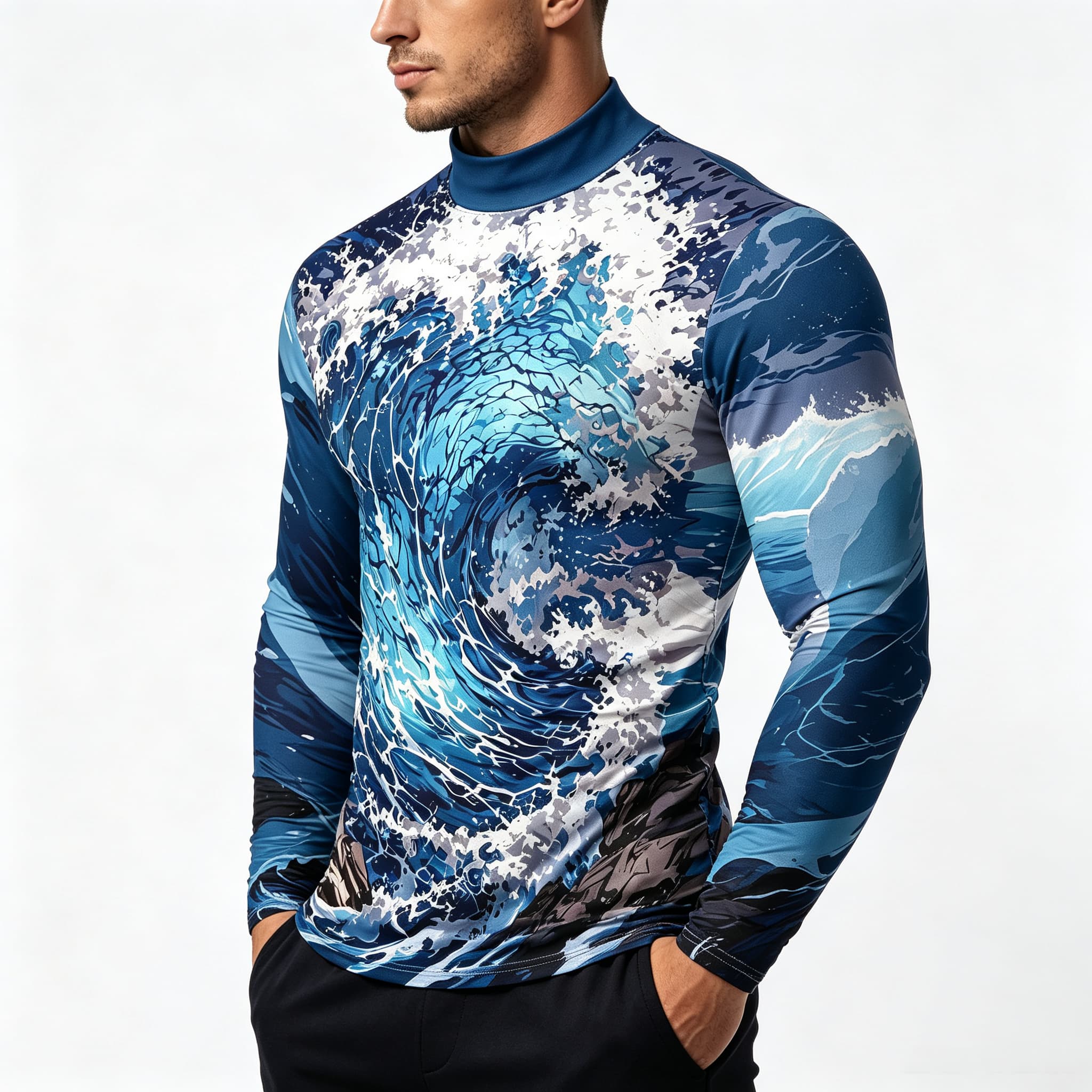 Tee Graphic Print - Vintage Ozean-Surf-Wellen-Print Herren-T-Shirt mit Stehkragen und