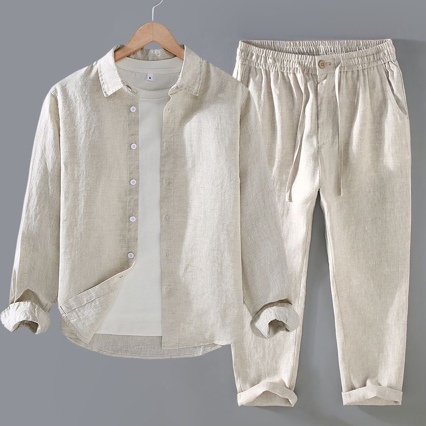 Linen Shirt Breathable - Hochwertiges Reines Leinen-Set Herren Langarm Casual