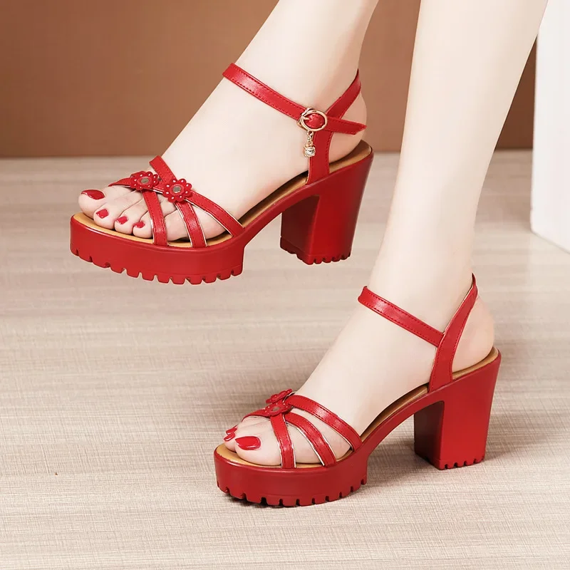 Casual Sandal Leather - 8cm Kleine Größe 32-43 Elegante Blumen-Lederschuhe